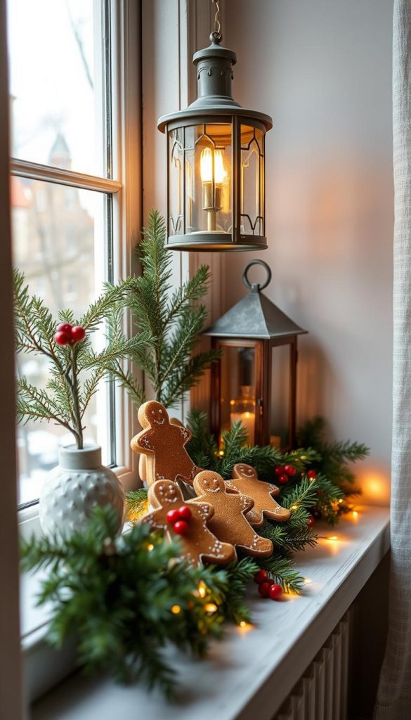 A cozy window sill adorned with a festive display of gingerbread cookies, lush evergreen sprigs, and a warm, glowing lantern. The scene is bathed in soft, natural light filtering through the window, casting a soothing, winter-inspired ambiance. Handcrafted wooden accents and a sprinkling of twinkling lights add a charming, rustic touch, inviting the viewer to imagine cozying up by the window and savoring the holiday spirit. The arrangement is meticulously styled, capturing a Pinterest-worthy, DIY aesthetic that exudes a sense of hygge and homespun holiday cheer.