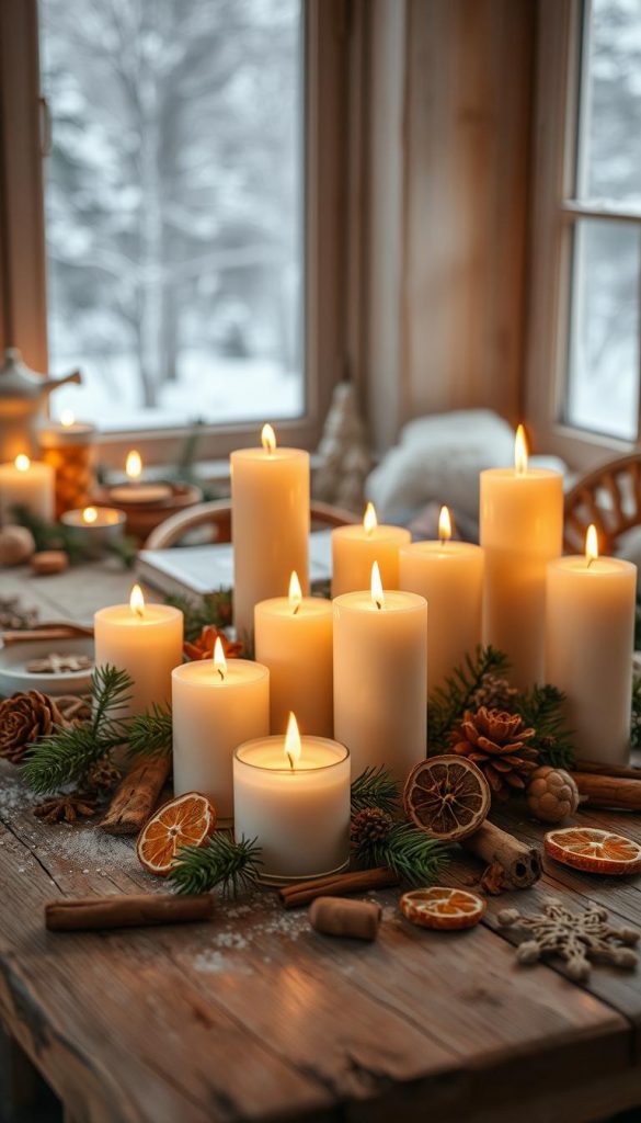 A cozy winter atmosphere with an array of flickering candles, their warm glow casting a soft, inviting light across a rustic wooden table. Surrounding the candles, a scattering of pine branches, cinnamon sticks, and dried citrus slices, creating a natural, earthy ambiance. In the background, a KlickKiste-inspired winter scene with snow-dusted trees and a hint of a frosty window, enhancing the serene, hygge-inspired mood. The overall composition exudes a sense of Nordic charm and simple, authentic beauty, perfect for long, cozy evenings.
