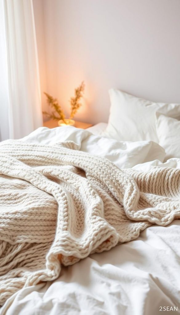 A cozy winter bed with a handcrafted tagesdecke, soft and textured, in soothing neutral hues. The tagesdecke cascades gently over the bed, creating a warm and inviting focal point. Warm lighting casts a gentle glow, accentuating the natural fibers and textures. The composition is framed by a minimalist, Scandinavian-inspired backdrop, evoking a sense of hygge and tranquility. The overall mood is serene, calming, and effortlessly stylish, inspiring a desire to curl up and enjoy the comforts of the winter season.