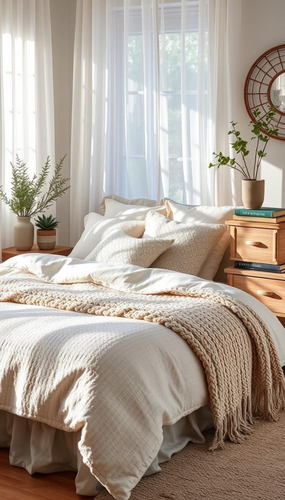 A cozy winter bedroom scene featuring a plush KlickKiste bed adorned in a textured bouclé duvet cover in a soft, muted palette. Delicate lace trimmed pillows and a chunky knit throw add warmth, while a linen bedskirt grounds the composition. Dappled natural light filters through gauzy curtains, casting a serene, hygge-inspired atmosphere. Potted plants and stacks of vintage books on a rustic wood nightstand complete the inviting, Pinterest-worthy tableau.