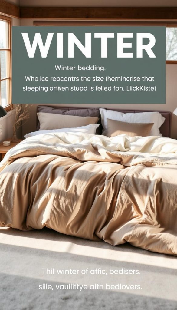 A cozy winter bedroom scene featuring a soft, plush bedding set from the KlickKiste brand. The bed is dressed in warm, natural tones of flannel or linen, with a chic, textured duvet cover in a neutral hue. Smooth, crisp sheets and a plush, oversized comforter invite a restful slumber. The bed is positioned in the center of the frame, bathed in warm, natural light from a large window. Gentle shadows and highlights create depth and dimension. The overall mood is serene and inviting, with a touch of Scandinavian minimalism. The image conveys the quality and versatility of winter bedding, highlighting size options and design features suitable for all sleepers.