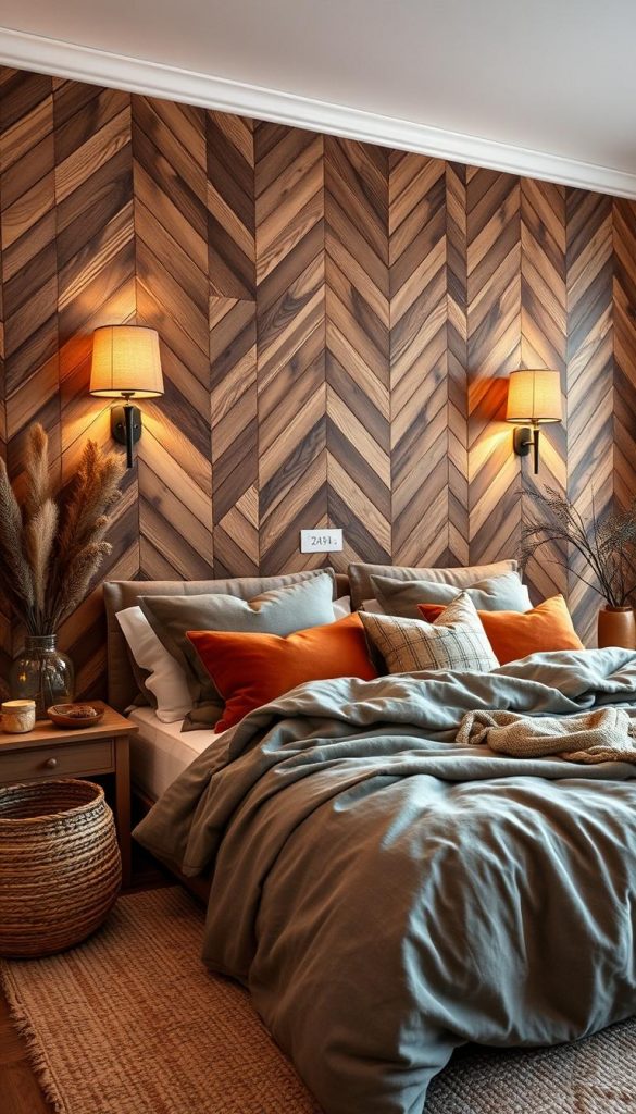 A cozy winter bedroom with a warm and inviting ambiance. A feature wall showcases a beautifully textured wooden paneling, casting a soft glow from gentle wall sconces. The panels are arranged in a captivating herringbone pattern, creating depth and visual interest. Accents of earthy tones, such as ochre and terracotta, complement the natural wood tones. Plush, oversized bedding in muted shades of gray and cream exude a sense of hygge. Decorative elements, like woven baskets and dried botanicals, add organic touches that enhance the serene, rustic atmosphere. Hints of greenery, such as potted plants or a small evergreen branch, infuse the scene with a touch of nature. Overall, the space emanates a sense of comfortable, winter-inspired coziness.