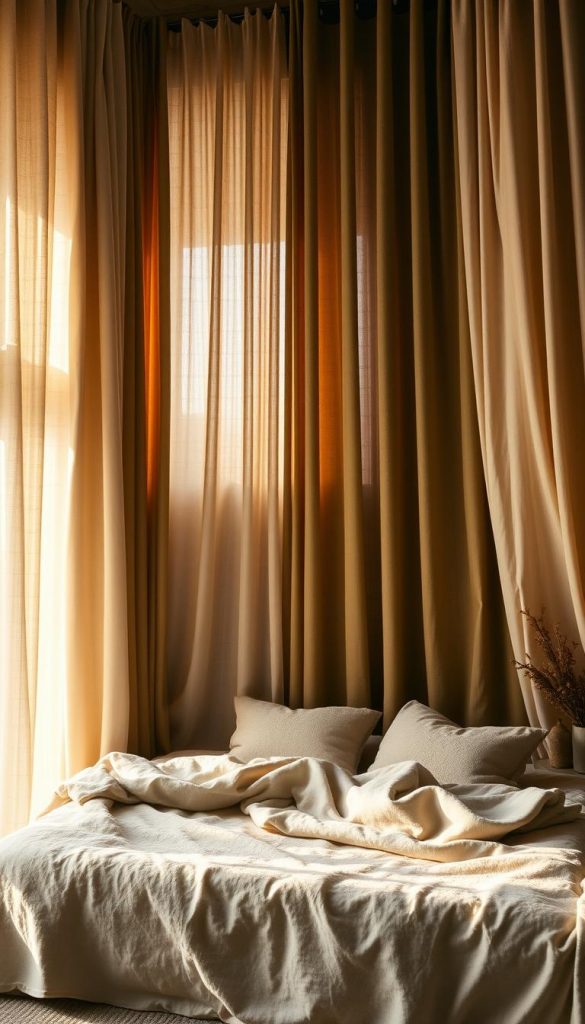 A cozy winter bedroom with warm and inviting fabric curtains. Soft, flowing drapes in earthy, natural tones of beige, ochre, and olive green cascade gracefully from high ceilings, casting a gentle glow over the serene space. The textures evoke a sense of rustic charm and hygge, complemented by the muted lighting and hints of wood accents. A plush, neutral-toned bed takes center stage, surrounded by a cozy, peaceful atmosphere that invites rest and relaxation. The overall scene radiates a sense of comfort and solace, perfect for a tranquil winter retreat.