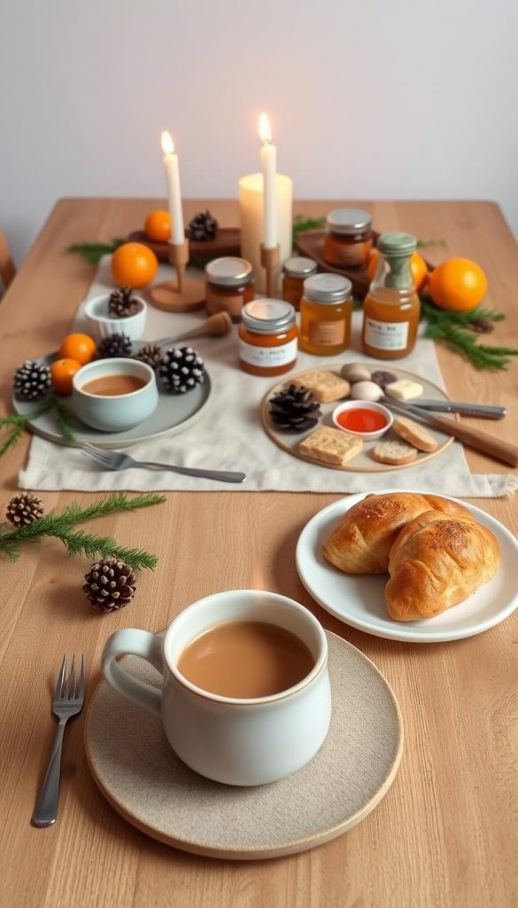 A cozy winter breakfast scene with a rustic, handcrafted aesthetic. A wooden table is set with a neutral-toned linen tablecloth, adorned with natural elements like pinecones, dried oranges, and sprigs of evergreen. Soft, warm lighting from a pair of candles casts a gentle glow, creating a hygge atmosphere. In the foreground, a simple place setting features a ceramic mug filled with a steaming hot beverage, accompanied by a plate of freshly baked pastries. The middle ground showcases a selection of homemade jams, honey, and other breakfast accoutrements arranged in a visually appealing manner. The background features a neutral, slightly textured wall, providing a clean and uncluttered backdrop. The overall composition evokes a sense of warmth, comfort, and a touch of Scandinavian minimalism.