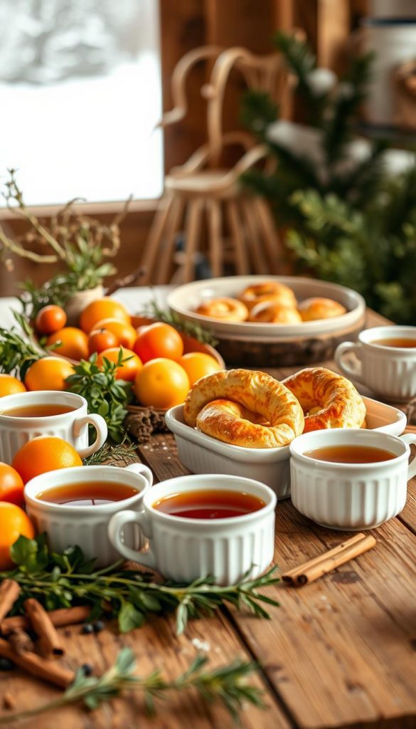 A cozy winter brunch still life featuring seasonal ingredients arranged with warm, natural lighting. In the foreground, a rustic wooden table showcases a variety of wholesome ingredients: fresh herbs, citrus fruits, cinnamon sticks, and steaming mugs of aromatic tea. In the middle ground, a simple white ceramic dish holds freshly baked pastries, their golden-brown crusts glistening. The background is softly blurred, hinting at a snowy winter landscape outside a cabin window. The mood is intimate, inviting, and authentically KlickKiste. A cozy winter brunch still life featuring seasonal ingredients arranged with warm, natural lighting. In the foreground, a rustic wooden table showcases a variety of wholesome ingredients: fresh herbs, citrus fruits, cinnamon sticks, and steaming mugs of aromatic tea. In the middle ground, a simple white ceramic dish holds freshly baked pastries, their golden-brown crusts glistening. The background is softly blurred, hinting at a snowy winter landscape outside a cabin window. The mood is intimate, inviting, and authentically KlickKiste.