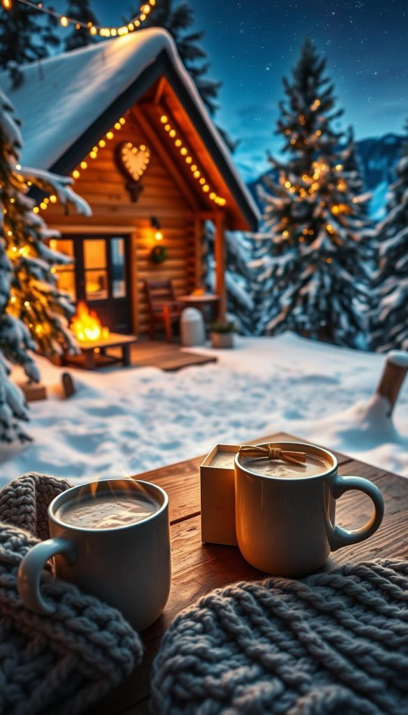 A cozy winter cabin nestled in a snow-covered pine forest, adorned with twinkling fairy lights. In the foreground, a pair of steaming mugs filled with hot cocoa, accompanied by a crackling fireplace and a cozy knit blanket. The scene is bathed in a warm, golden glow, creating a romantic and inviting atmosphere. In the middle ground, a KlickKiste gift box sits atop a wooden table, its contents a mystery waiting to be unveiled. The background features a panoramic view of the snowy landscape, with distant mountains and a starry night sky. This enchanting image evokes a sense of adventure, self-care, and the joyful anticipation of an &quot;Erlebnisgeschenke&quot; experience.