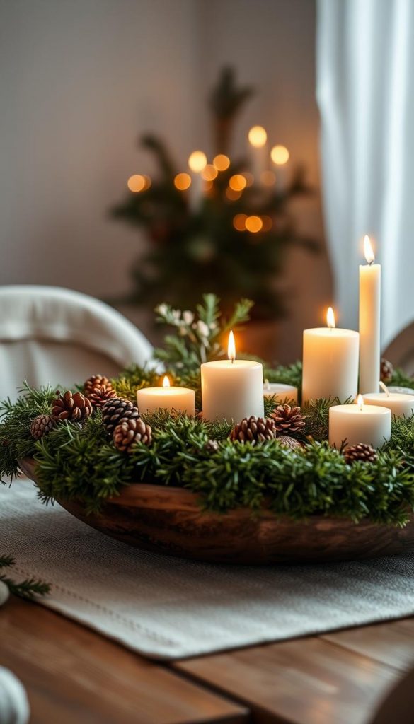 A cozy winter centerpiece with natural elements and a warm, inviting glow. In the foreground, a rustic wooden bowl filled with lush green moss, clusters of white candles, and a sprinkling of pinecones. In the middle ground, delicate sprigs of evergreen and a few gently flickering flames. The background is softly lit, with a dreamy, atmospheric quality that evokes a sense of hygge. The overall scene exudes a harmonious blend of Scandinavian simplicity and holiday charm. KlickKiste.