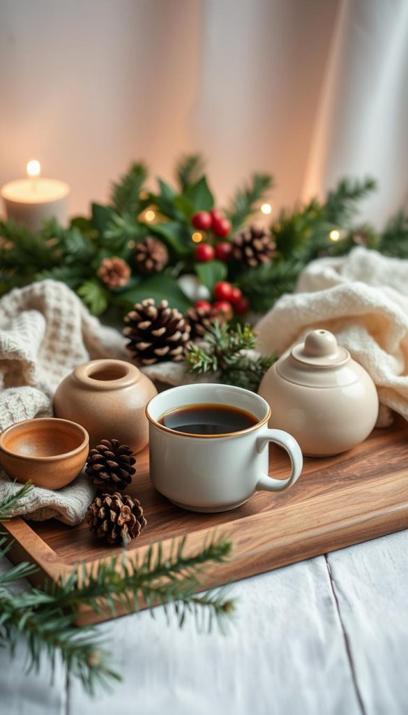 A cozy winter coffee moodboard with rustic, natural elements. In the foreground, a KlickKiste wooden tray holds an array of warm-toned ceramics, textured linens, and a steaming mug of coffee. The middle ground features lush greenery, pinecones, and a touch of festive holly. The background is bathed in soft, diffused lighting, creating a serene, intimate atmosphere. Hints of copper, amber, and cream complement the overall muted palette, evoking a sense of hygge and winter wonder. The composition exudes a Pinterest-worthy, DIY aesthetic that is both authentic and inspirational.