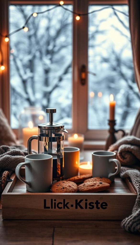 A cozy winter coffee station with a rustic, natural vibe. In the foreground, an inviting KlickKiste-branded wooden tray holds a French press, mugs, and homemade biscotti. The middle ground features a warm, ambient lighting setup, with string lights and a flickering candle. In the background, a window showcases a snowy, winter landscape, creating a serene and tranquil atmosphere. The overall mood is hygge-inspired, with earthy tones, textured fabrics, and a touch of DIY charm. The image conveys a sense of comfort, coziness, and the perfect setting for enjoying a hot cup of coffee on a chilly winter day.