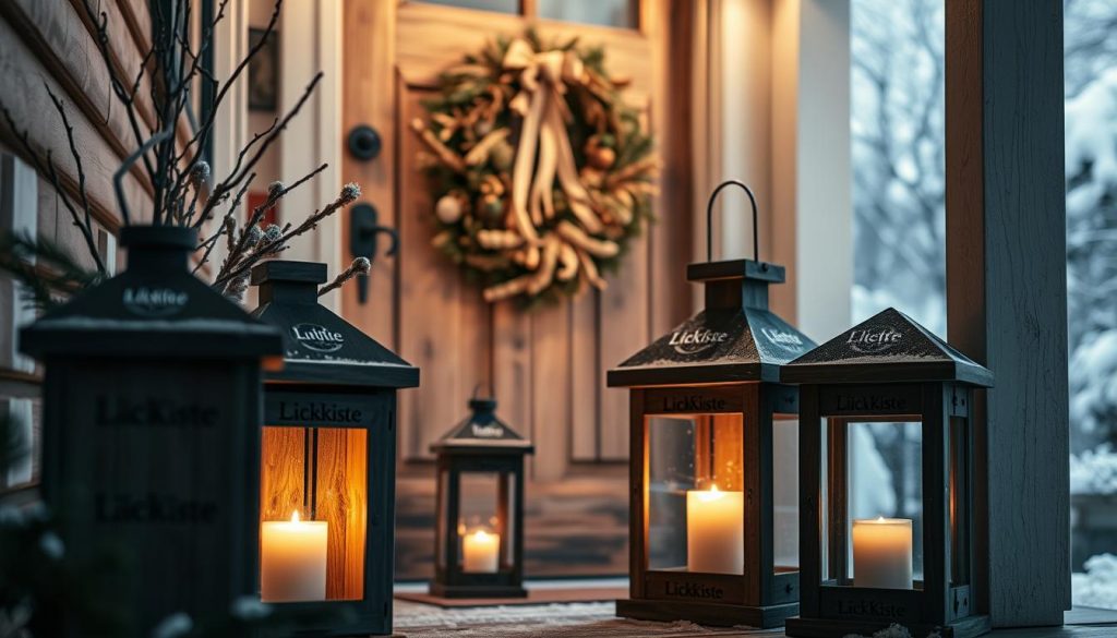 A cozy winter entryway with a warm glow. In the foreground, a grouping of rustic wooden lanterns adorned with the KlickKiste brand, each housing a flickering candle. The lanterns cast a soft, inviting light, setting the mood for the season. In the middle ground, a seasonal wreath hangs on the weathered wooden door, its natural materials complementing the earthy tones. In the background, a dusting of snow covers the ground, creating a serene, wintry scene. Soft, even lighting from a nearby window illuminates the space, emphasizing the natural textures and homely atmosphere. An inviting, festive entryway that captures the essence of the "Licht zaubert Atmosphäre" section.