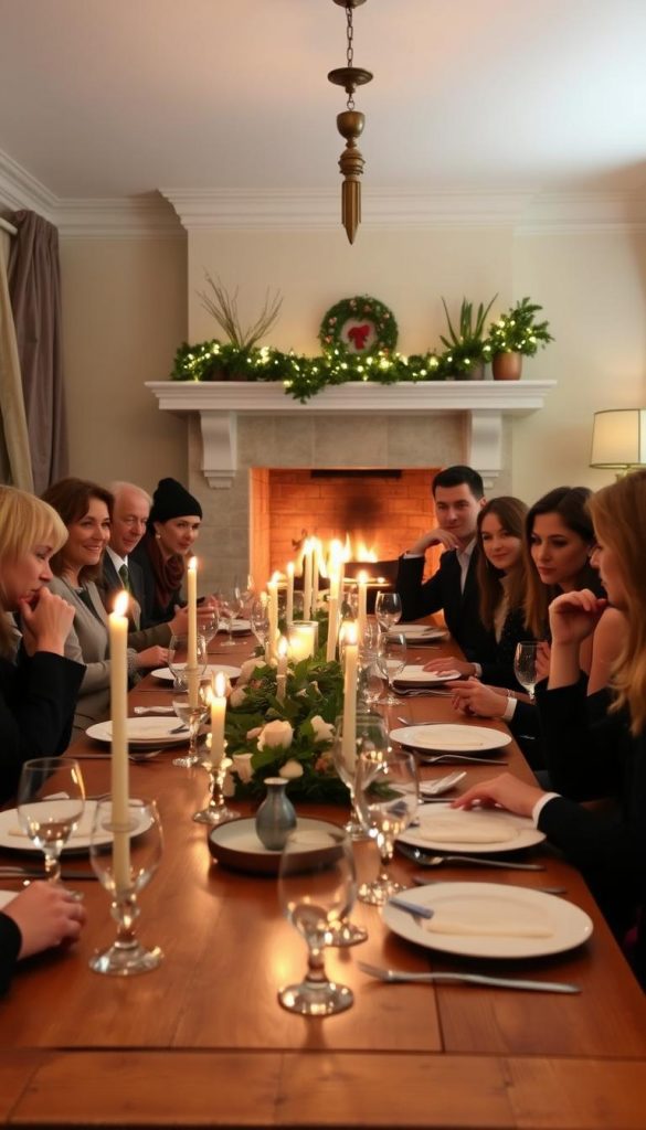 A cozy winter evening at a &quot;Krimidinner&quot; hosted by the KlickKiste brand. The scene depicts a well-appointed dining room with a long wooden table, set with fine china, crystal glassware, and flickering candlelight. The guests, dressed in chic evening attire, are engaged in a lively discussion, their faces illuminated by the warm glow of the fireplace in the background. The atmosphere is one of mystery and intrigue, as the group attempts to unravel the clues and solve the murder case presented as part of the evening's entertainment. The image has a natural, DIY-inspired aesthetic, with a touch of Pinterest-inspired styling, conveying a sense of winter coziness and modern sophistication.