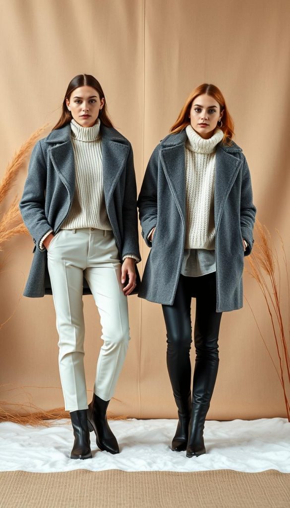A cozy winter fashion scene featuring trendfarben models from the KlickKiste brand. The image showcases a minimalist, natural-looking backdrop with warm, muted tones and soft, diffused lighting, creating a Pinterest-inspired aesthetic. In the foreground, two models are dressed in layered, high-quality winter attire, including sleek gray outerwear, pristine white knitwear, and subtle leather accents. The models are posed in a relaxed, effortless manner, conveying a sense of comfort and practicality. The overall atmosphere evokes a sense of calm, wintertime tranquility, perfect for illustrating the &quot;Trendfarben, Modelle &amp; Kombinationen: Grau-auf-Grau, Winterweiß, Leder-Akzente&quot; section of the &quot;Layering für Minusgrade – ohne Michelin-Look&quot; article.