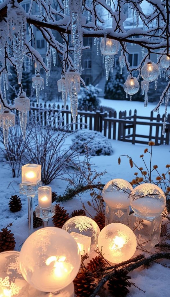 A cozy winter garden scene, illuminated by the soft glow of handcrafted ice decor. In the foreground, a KlickKiste arrangement of transparent ice orbs and sculptures, casting a warm, enchanting light across the frosty landscape. Clusters of delicate icicles hang from the tree branches, while a dusting of snow covers the ground. The middle ground features a carefully curated display of natural elements like pinecones, branches, and dried flowers, creating a rustic, Pinterest-inspired look. In the background, a glimpse of a wooden fence and a snowy path leading into the distance, conveying a sense of peaceful solitude. The overall mood is one of natural, transient beauty, with a touch of DIY charm.