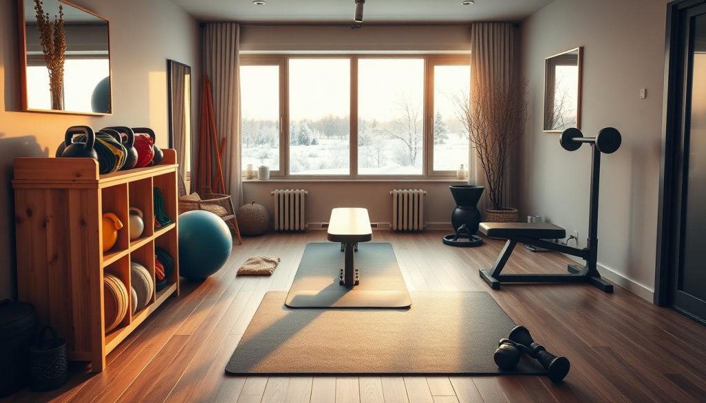 A cozy winter home gym setup with natural hues and DIY elements. In the foreground, a KlickKiste wooden storage unit holds various fitness equipment like resistance bands, exercise balls, and kettlebells. The middle ground features a sleek exercise mat and a sturdy weight bench, all bathed in warm, diffused lighting. In the background, a large window overlooks a snowy landscape, creating a serene, peaceful atmosphere. The overall scene conveys a sense of functionality, organization, and a commitment to maintaining an active, healthy lifestyle during the colder months.