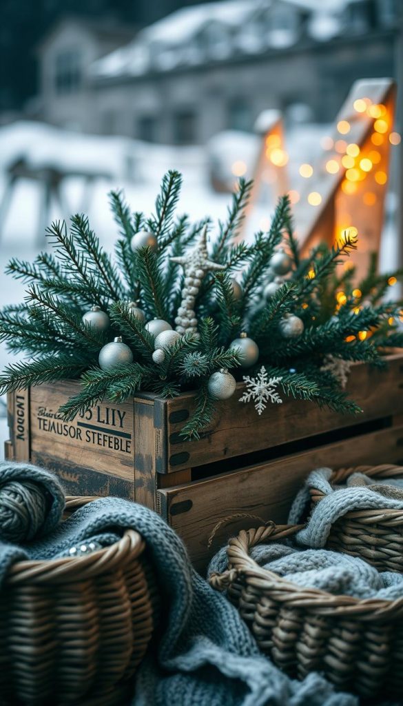 A cozy winter-inspired DIY scene with a focal point of a wooden planter box or crate filled with lush greenery, pine branches, and delicate ornaments. The composition features a warm, soft lighting, perhaps from a string of twinkling lights, casting a serene, inviting atmosphere. The background blurs gently, hinting at a snowy landscape or a rustic outdoor setting. Textural elements like woven baskets, knitted throws, and weathered surfaces add depth and a handcrafted, Pinterest-worthy aesthetic. The overall mood is one of hygge, comfort, and natural, effortless style. A cozy winter-inspired DIY scene with a focal point of a wooden planter box or crate filled with lush greenery, pine branches, and delicate ornaments. The composition features a warm, soft lighting, perhaps from a string of twinkling lights, casting a serene, inviting atmosphere. The background blurs gently, hinting at a snowy landscape or a rustic outdoor setting. Textural elements like woven baskets, knitted throws, and weathered surfaces add depth and a handcrafted, Pinterest-worthy aesthetic. The overall mood is one of hygge, comfort, and natural, effortless style.