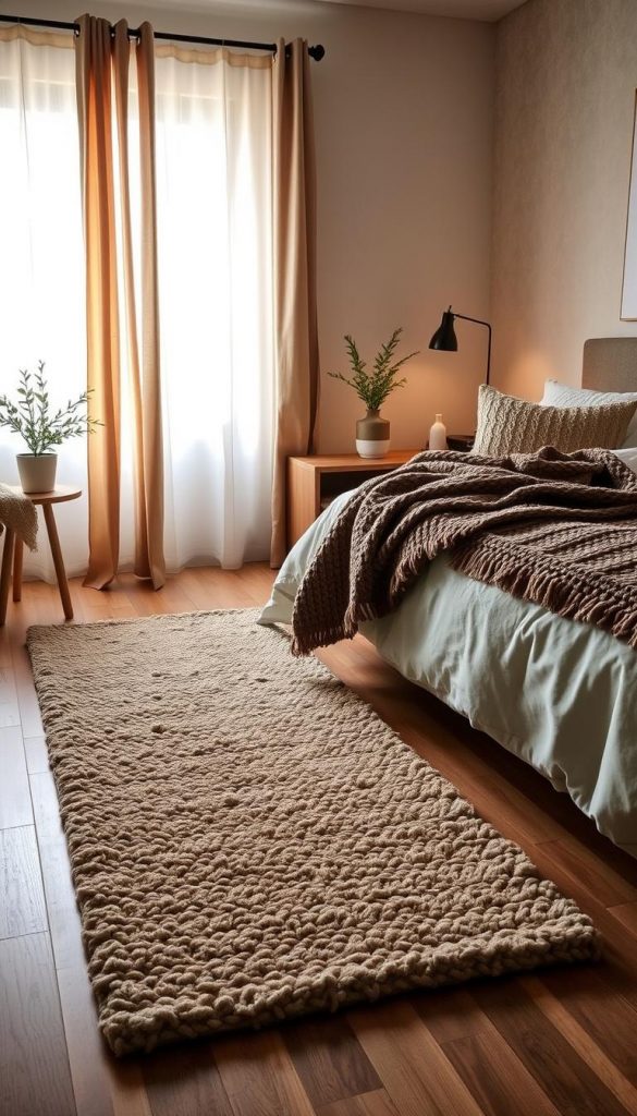A cozy winter-inspired bedroom scene with a plush, earthy-toned KlickKiste rug runner gently flowing across the hardwood floor. Soft, warm lighting filters through sheer curtains, casting a peaceful ambiance. Layers of comforting textures, from the nubby wool rug to the knitted throw, create a serene and inviting atmosphere. Minimal decor elements, such as a wooden side table and a few houseplants, allow the natural materials and tones to take center stage. An overall sense of hygge and mindful living permeates the space.