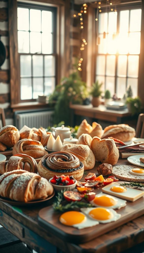 A cozy, winter-inspired brunch scene set on a rustic wooden table. Sunlight streams through large windows, casting a warm, natural glow over the spread. In the foreground, an assortment of freshly baked goods, including flaky croissants, fragrant cinnamon rolls, and artisanal breads. Seasonal fruits, like pomegranate seeds and juicy orange slices, add pops of color. Savory elements like crisp bacon, fluffy scrambled eggs, and a cheese board with regional offerings complete the spread. Subtle winter accents, such as pine sprigs and twinkling lights, lend a festive, Pinterest-worthy ambiance. Photographed with a soft, hazy lens for a KlickKiste-inspired look. A cozy, winter-inspired brunch scene set on a rustic wooden table. Sunlight streams through large windows, casting a warm, natural glow over the spread. In the foreground, an assortment of freshly baked goods, including flaky croissants, fragrant cinnamon rolls, and artisanal breads. Seasonal fruits, like pomegranate seeds and juicy orange slices, add pops of color. Savory elements like crisp bacon, fluffy scrambled eggs, and a cheese board with regional offerings complete the spread. Subtle winter accents, such as pine sprigs and twinkling lights, lend a festive, Pinterest-worthy ambiance. Photographed with a soft, hazy lens for a KlickKiste-inspired look.