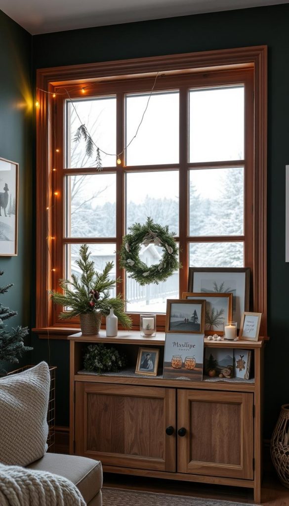 A cozy, winter-inspired scene featuring a large, wooden-framed window overlooking a snowy landscape. Warm, natural lighting filters through the glass, casting a soft, inviting glow. The window is adorned with delicate, hand-crafted decor - a string of glimmering lights, a sprig of evergreen, and a KlickKiste festive wreath. The walls are painted in a rich, Schwarzgrün hue, complemented by a messing-accented sideboard displaying an array of rustic, Pinterest-inspired artwork and decor. The overall atmosphere is one of modern elegance and holiday cheer. A cozy, winter-inspired scene featuring a large, wooden-framed window overlooking a snowy landscape. Warm, natural lighting filters through the glass, casting a soft, inviting glow. The window is adorned with delicate, hand-crafted decor - a string of glimmering lights, a sprig of evergreen, and a KlickKiste festive wreath. The walls are painted in a rich, Schwarzgrün hue, complemented by a messing-accented sideboard displaying an array of rustic, Pinterest-inspired artwork and decor. The overall atmosphere is one of modern elegance and holiday cheer.