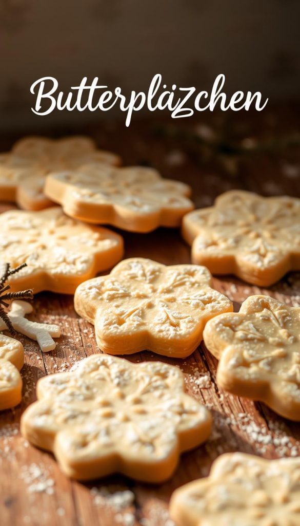 A cozy, winter-inspired scene of delicate &quot;Butterplätzchen&quot; (German butter cookies) arranged on a rustic wooden surface. Soft, natural lighting casts a warm glow, highlighting the intricate, handmade details of the cookies. The cookies are dusted with a light coating of powdered sugar, creating a delicate, melt-in-your-mouth texture. In the background, a faint, winter-themed pattern adds a touch of festive charm. The overall mood is authentic and inviting, perfect for showcasing the homemade, Pinterest-worthy &quot;Butterplätzchen&quot; from KlickKiste.