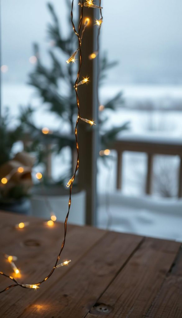 A cozy, winter-inspired scene showcasing a captivating "Sternenhimmel LED Drahtlichterkette". The foreground features the elegant wire light chain, its delicate strands adorned with a constellation of twinkling LED lights, casting a warm, inviting glow. In the middle ground, a rustic wooden surface provides a natural, earthy backdrop, complementing the soft, muted tones of the lights. The background depicts a serene, snowy landscape, with a hazy, atmospheric quality reminiscent of a serene, winter wonderland. The overall composition evokes a sense of tranquility, wonder, and a touch of whimsy, perfectly capturing the essence of the 2025 Christmas lantern trends.