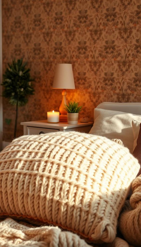 A cozy, winter-inspired scene showcasing a plush, oversized &quot;kissen&quot; (cushion) in the foreground. The pillow is adorned with a soft, knitted pattern and textural details, evoking a handmade, DIY aesthetic. Warm lighting bathes the scene, creating a gentle, inviting atmosphere. In the middle ground, a vintage-inspired nightstand displays a flickering candle and a small potted plant, complementing the natural, rustic vibes. The background features a wall covered in a muted, earthy wallpaper pattern, adding depth and texture to the composition. The overall mood is one of comforting winter charm, perfect for a KlickKiste-style home decor feature.