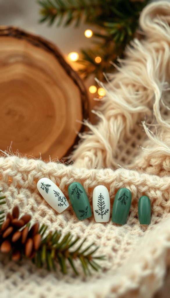 A cozy, winter-inspired scene showcasing an assortment of sticker-adorned nails from the KlickKiste brand. Delicate, pine-inspired designs in warm, earthy tones are artfully arranged against a backdrop of soft, natural textures - rustic wood, faux fur, and subtle holiday greenery. Intimate lighting casts a gentle, inviting glow, evoking a sense of hygge and familial contentment. The overall aesthetic is both elegant and effortless, perfectly complementing the &quot;Sticker, Decals &amp; Quick-DIY für Familienzeit&quot; theme. A Pinterest-worthy image that captures the essence of the &quot;Tannengrün Gloss – edel &amp; schlicht&quot; article.