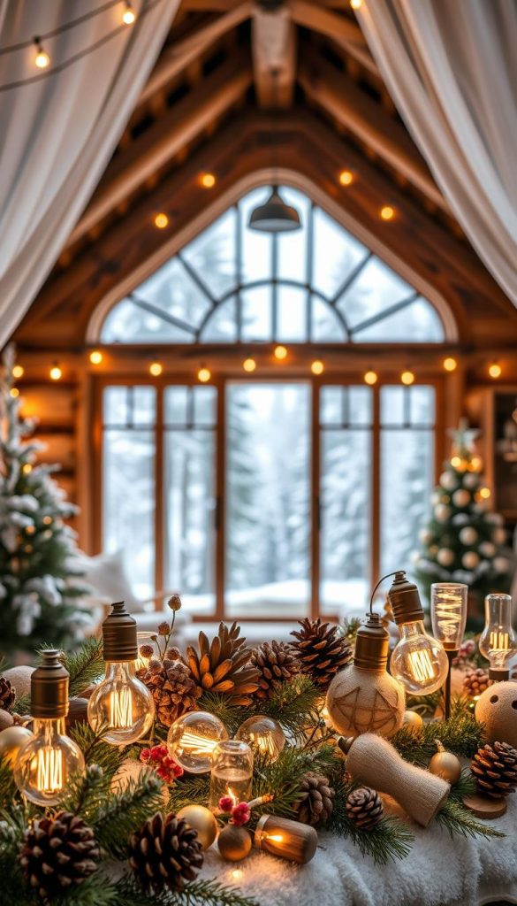 A cozy, winter-inspired scene showcasing sustainable holiday lighting solutions. In the foreground, a KlickKiste display features warm-toned, energy-efficient light bulbs and natural, handmade decor elements like pinecones, dried flowers, and wooden ornaments. The middle ground depicts a rustic, cabin-like interior with a large window overlooking a snowy, pine-forested landscape. Soft, diffused lighting creates a welcoming, hygge-inspired atmosphere. The overall composition has a Pinterest-worthy, DIY aesthetic, inspiring viewers to embrace eco-friendly, less energy-intensive holiday lighting alternatives.