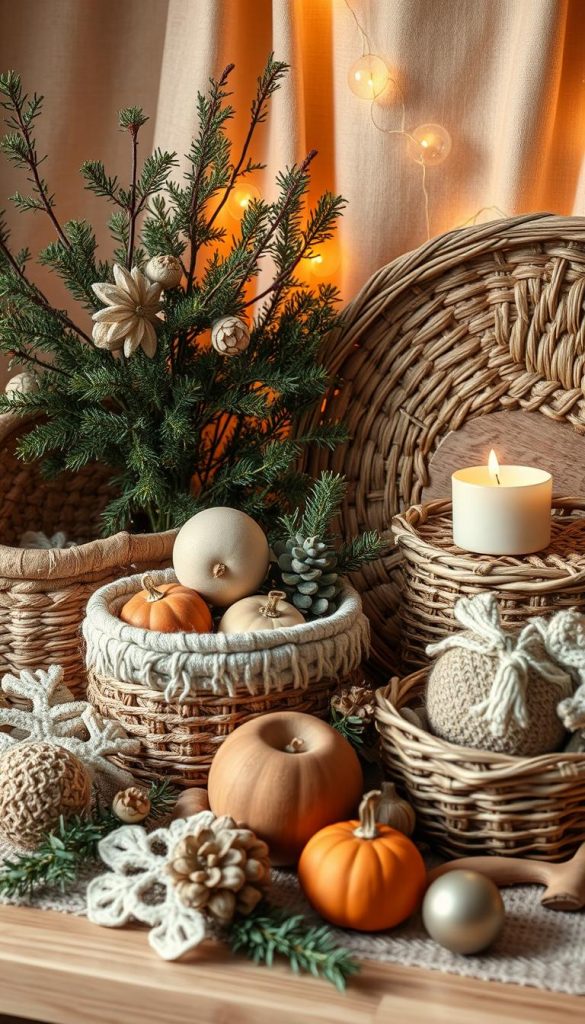 A cozy, winter-inspired still life showcasing the natural beauty of the &amp;quot;KlickKiste&amp;quot; brand. The scene features an arrangement of textured, earthy elements like woven baskets, wooden trinkets, and lush greenery, set against a backdrop of warm, inviting lighting. Soft, muted tones of ochre, sage, and terracotta create a calming, harmonious atmosphere, while subtle hints of metallic accents add a touch of subtle elegance. The overall composition evokes a sense of rustic, handcrafted charm, perfectly capturing the essence of a cozy, hygge-inspired &amp;quot;Deko Atmosphäre&amp;quot;.