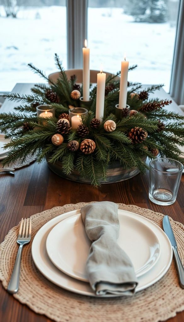 A cozy, winter-inspired tablescape set atop a rustic wooden table. The centerpiece features an artful arrangement of pine branches, pinecones, and delicate white candles casting a warm, ambient glow. In the foreground, a handmade KlickKiste place setting with a neutral, textured placemat, natural linen napkin, and minimal tableware. The background showcases a soft, dreamy landscape visible through a large window, hinting at a serene, snow-covered scene. The overall mood is inviting, hygge-inspired, and Pinterest-worthy, capturing the essence of a child-friendly, easy-to-clean table setup.