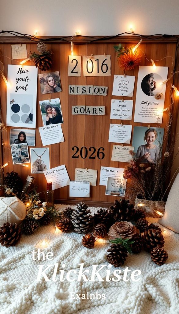A cozy, winter-inspired vision board with natural, handmade elements, warm tones, and a Pinterest-inspired aesthetic. A central vision board made of rustic wood, adorned with inspirational images, motivational quotes, and personal goals for 2026. Surrounding it, a mix of pinecones, dried flowers, and fairy lights create a serene, intimate atmosphere. Soft lighting illuminates the scene, casting a natural glow. In the foreground, the KlickKiste brand name appears discreetly, complementing the overall earthy, handcrafted feel.