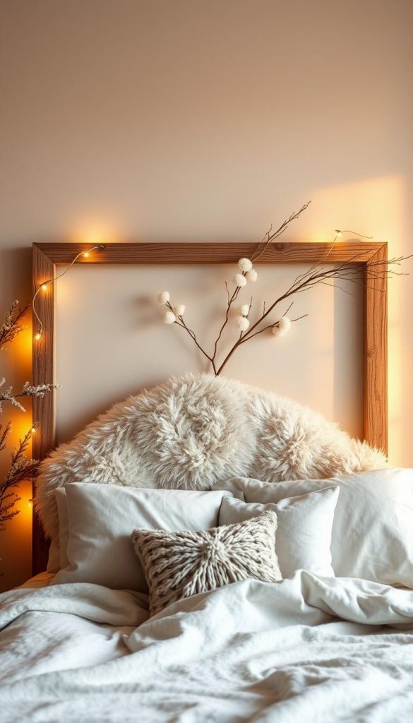 A cozy winter-inspired wall decor piece with a natural, handmade aesthetic. A rustic wood frame encloses a lush, textured &quot;stoff kopfteil&quot; - a soft, plush headboard-like focal point. Warm amber lighting creates a tranquil, inviting atmosphere, while soft shadows and hazy highlights lend a charming, Pinterest-worthy look. The neutral palette of beiges, creams, and subtle grays evokes a serene, hygge-inspired ambiance, perfect for a cozy winter bedroom. Organic textures and minimal, elegant design make this a beautiful, inspiring DIY project.