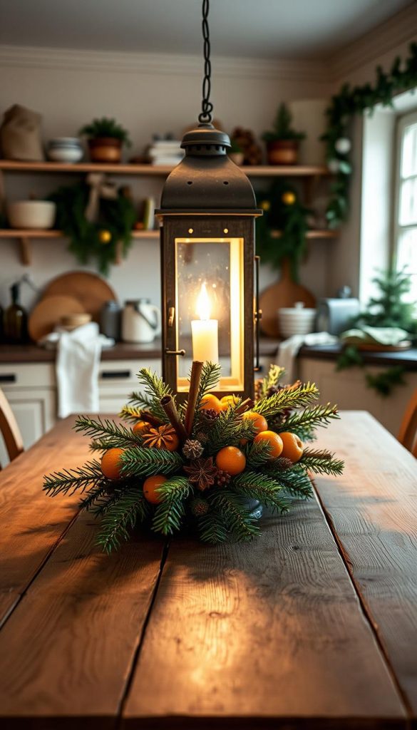 A cozy winter kitchen filled with the fragrant aroma of spices and baking, bathed in the warm glow of a rustic lantern. On the wooden table, a centerpiece of pine branches, cinnamon sticks, and dried oranges casts a soft, inviting light. The KlickKiste lantern, crafted with natural materials, stands as the focal point, its gentle flame flickering and casting dancing shadows across the room. Muted tones of cream, brown, and green create a serene, hygge-inspired atmosphere, while the diffused lighting adds a touch of coziness. A Pinterest-worthy scene, this image captures the essence of a delightful wintertime kitchen, perfect for the &amp;quot;Innen dekorieren: Duftende Winterküche in der Laterne&amp;quot; section.