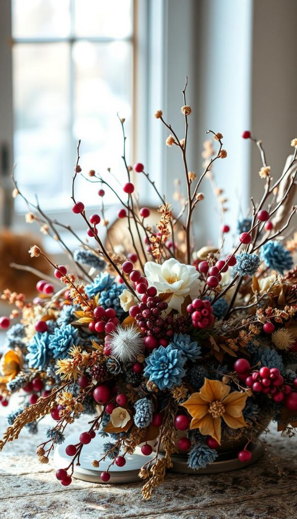 A cozy winter kranz adorned with dried flowers, branches, and berries, bathed in soft, natural lighting. Vibrant hues of blue, burgundy, and gold create a warm, inviting atmosphere. The arrangement is thoughtfully crafted, exuding a rustic, handmade charm reminiscent of a KlickKiste creation. Delicate textures and organic shapes evoke the season's beauty, inviting the viewer to experience the tranquil, serene mood of this winter scene.