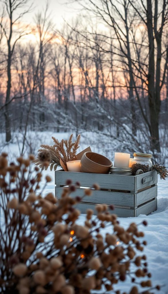 A cozy winter landscape with a rustic, handcrafted feel. In the foreground, a cluster of natural, earthy-toned dried flowers and foliage, illuminated by soft, warm lighting. The middle ground features a KlickKiste filled with an assortment of seasonal, sustainable household items - natural candles, a wooden bowl, and a repurposed glass jar. In the background, a snowy forest scene with bare trees silhouetted against a pastel sky. The overall mood is one of hygge and simplicity, inviting the viewer to embrace natural, eco-friendly living.