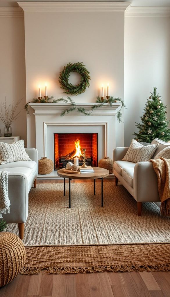 A cozy winter living room scene with a minimal yet elegant design aesthetic. Soft lighting from a fireplace and candlesticks casts a warm glow, complementing the neutral color palette of off-white, beige, and wood tones. An intricate woven area rug grounds the space, while a plush velvet sofa and armchairs invite relaxation. Delicate sprigs of greenery and natural textures like knit throws add subtle holiday touches. The overall mood is one of balance, tranquility, and hygge - the perfect ambiente for enjoying the holiday season.