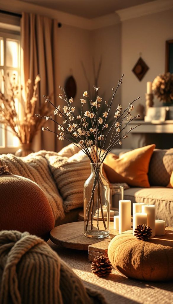 A cozy winter living room transitioning into spring, bathed in warm, golden light. Plush textures like knitted throws and velvet cushions create a inviting ambiance. Seasonal decor elements like dried flowers, pinecones, and candles dot the scene, blending seamlessly with the natural wood accents. A simple yet elegant vase arrangement takes center stage, its delicate blooms hinting at the coming season. The overall aesthetic is rustic and comforting, with a touch of Scandinavian minimalism. Soft shadows and a slightly hazy, dreamy atmosphere complete the serene, Pinterest-worthy composition.