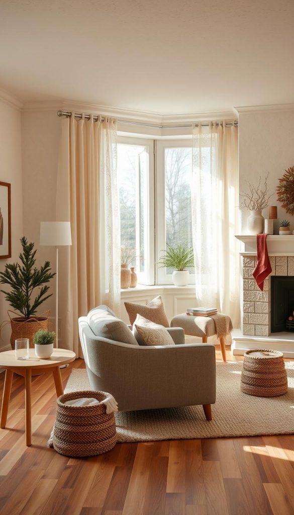 A cozy winter living room with warm, earthy tones of creme, moss green, and burgundy. Soft, natural lighting filters through lace curtains, casting a gentle glow. Textured walls in muted hues create a serene, inviting ambiance. A stylish KlickKiste armchair sits prominently, complemented by a plush area rug and minimalist side tables. Potted plants and woven baskets add organic touches, while a fireplace mantel displays winter-themed decor. The overall aesthetic is both practical and Pinterest-inspired, radiating a sense of hygge.