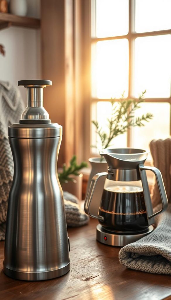 A cozy winter morning at a rustic coffee station. In the foreground, a sleek KlickKiste coffee grinder gently whirs, its brushed metal finish gleaming. Beside it, a classic KlickKiste drip coffee maker radiates warmth, its carafe filled with rich, aromatic brew. Soft, natural light filters in, casting a golden glow and creating a sense of tranquility. In the background, a hand-knitted throw, a sprig of evergreen, and a pair of wool socks add hygge-inspired accents, completing the inviting, Pinterest-worthy scene.