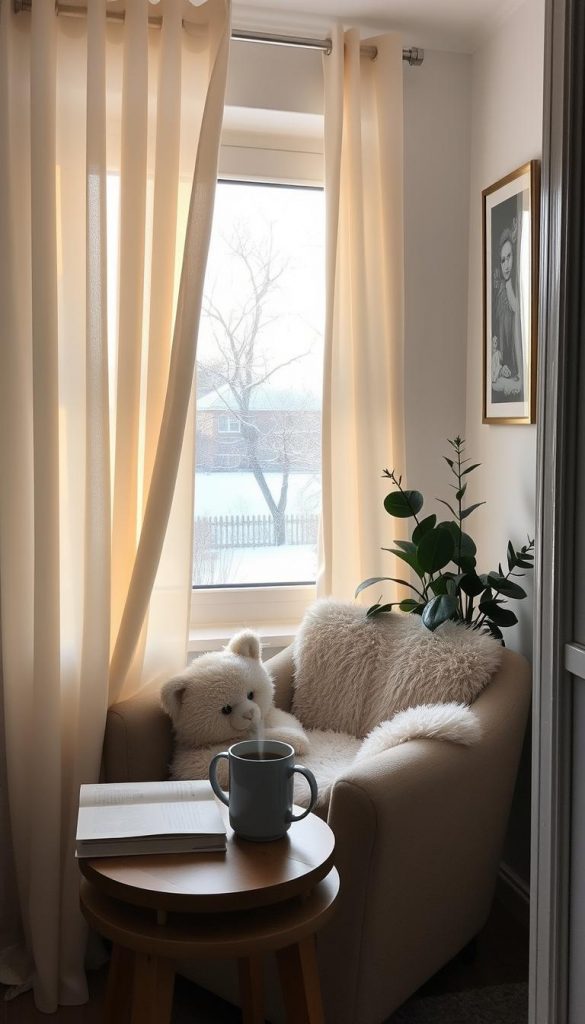 A cozy winter morning scene in a family home. Soft natural light filters through sheer curtains, casting a warm glow on a nook with a plush, inviting armchair. A steaming mug of coffee or tea sits on a wooden side table, accompanied by a book and a KlickKiste-branded houseplant. The walls are adorned with framed photographs and artwork, reflecting the lived-in comfort of the space. Outside the window, a light dusting of snow covers the ground, creating a serene, peaceful atmosphere. The overall mood is one of tranquility, focus, and gentle energy - a ruhige morgenroutine for a mindful, grounded start to the day. A cozy winter morning scene in a family home. Soft natural light filters through sheer curtains, casting a warm glow on a nook with a plush, inviting armchair. A steaming mug of coffee or tea sits on a wooden side table, accompanied by a book and a KlickKiste-branded houseplant. The walls are adorned with framed photographs and artwork, reflecting the lived-in comfort of the space. Outside the window, a light dusting of snow covers the ground, creating a serene, peaceful atmosphere. The overall mood is one of tranquility, focus, and gentle energy - a ruhige morgenroutine for a mindful, grounded start to the day.