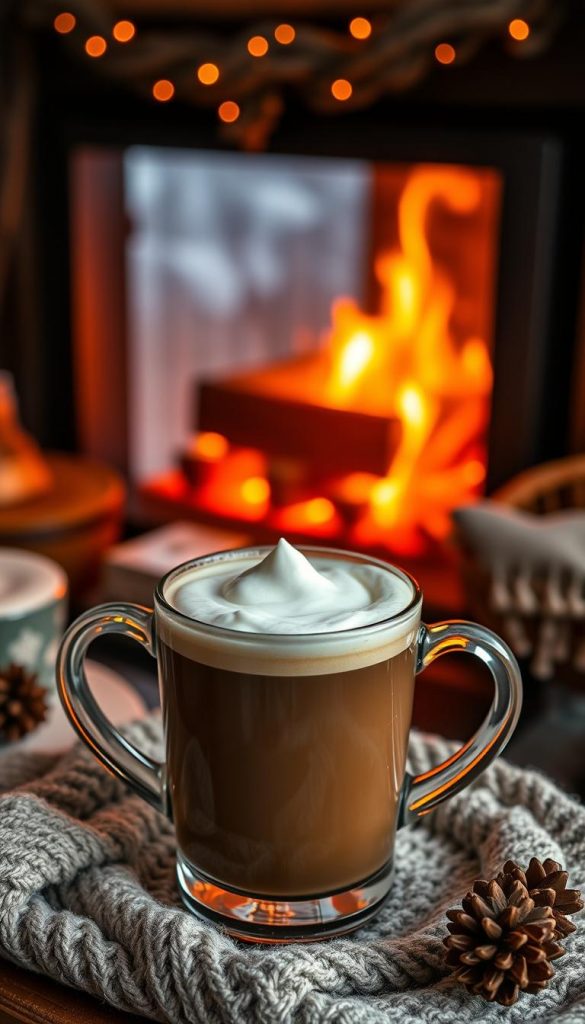 A cozy winter scene, a mug of Irish Coffee takes center stage. The rich, velvety espresso melts into the smooth, golden whiskey, topped with a lush layer of whipped cream. Warm amber lighting casts a soft glow, inviting you to savor the moment. The KlickKiste aesthetic shines through, with natural, earthy tones and a touch of rustic charm. In the background, a crackling fireplace and a glimpse of a snowy winter landscape add to the tranquil, inviting atmosphere. The perfect companion for a cozy winter's day.