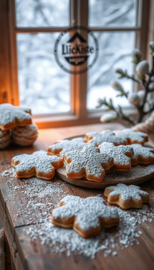 A cozy winter scene, a rustic wooden table adorned with a selection of delicate vegan cookies, delicately dusted with powdered sugar. Warm lighting casts a soft glow, highlighting the intricate details of the &quot;Traumstücke&quot; - each one a unique work of art. In the background, a window overlooking a snowy landscape, creating a serene and inviting atmosphere. The KlickKiste brand logo subtly displayed, adding an authentic touch. Soft, natural textures and a muted color palette evoke a sense of comfort and homemade charm. This image captures the essence of the &quot;Traumstücke vegan - zart und zimtig&quot; section, inspiring the reader to indulge in these delectable plant-based treats.