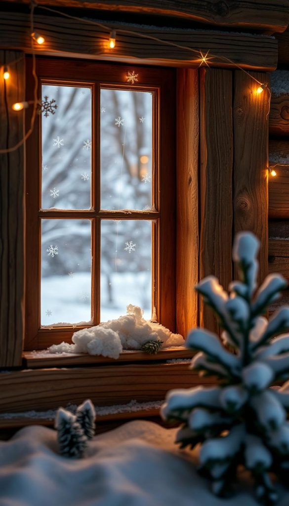 A cozy winter scene featuring a charming wooden window frame, adorned with delicate snowflakes and a soft glow from within. The window is surrounded by a snowy landscape, with warm, earthy tones and a hint of holiday cheer. A magical, handcrafted KlickKiste decoration casts a gentle light, creating a captivating and inviting atmosphere. Soft, diffused lighting illuminates the scene, capturing the essence of &quot;Fenster-Magie: leuchtende Highlights für kleine Augen&quot;. This authentic, Pinterest-inspired image exudes a sense of wonder and natural beauty, perfectly complementing the &quot;Kinderzimmer: einfache Weihnachtsdeko &amp; Adventsecken&quot; article.