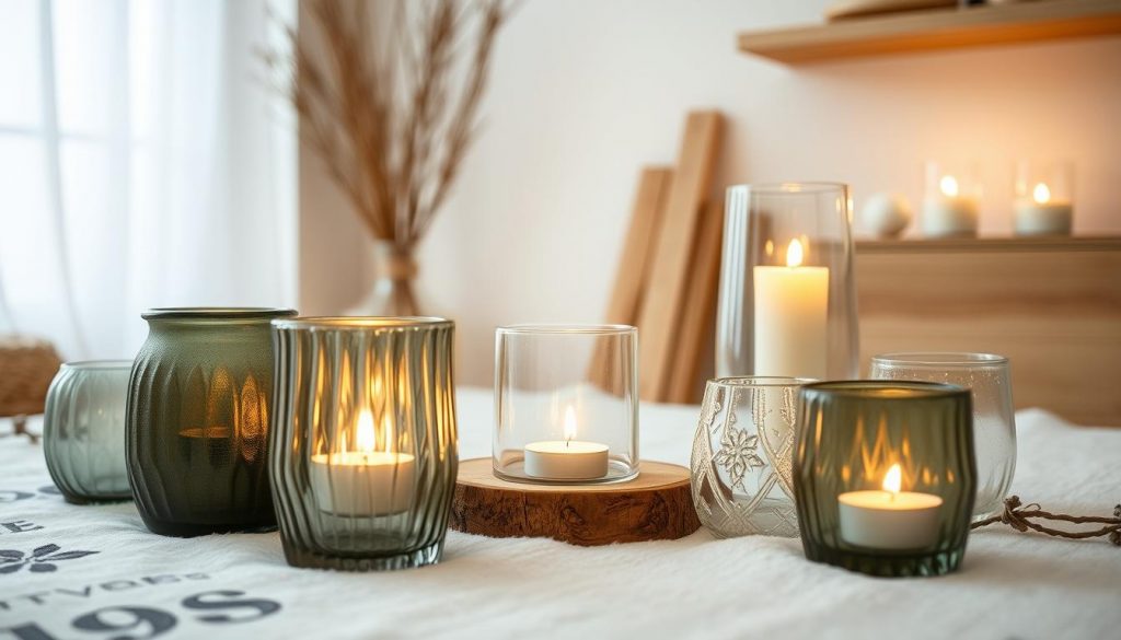 A cozy winter scene featuring a collection of handcrafted "windlichter" (lanterns) from the KlickKiste brand. In the foreground, a variety of textured glass vessels - some smooth, others with subtle ridges - house flickering candles, casting a warm, inviting glow. The middle ground showcases a simple wooden base, perhaps a repurposed crate or plank, lending an organic, rustic feel. In the background, a minimalist, muted palette of off-white walls and natural wooden accents creates a calming, serene atmosphere, perfect for a cozy evening at home. Soft, diffused lighting illuminates the scene, highlighting the delicate interplay of glass, wood, and flame.