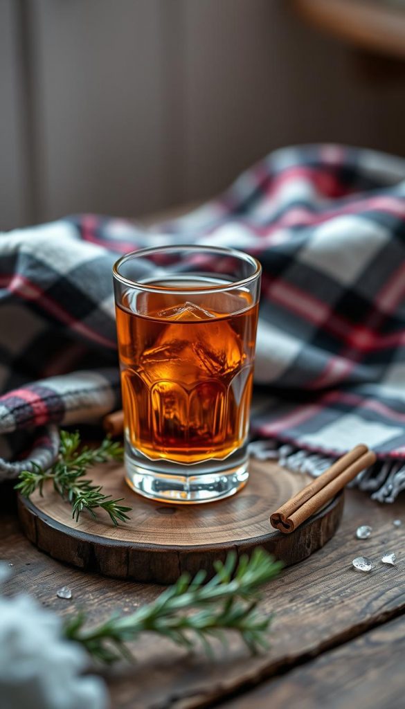A cozy winter scene featuring a glass of rich, amber-hued whisky on a rustic wooden table. The drink is surrounded by warm, natural elements like a tartan blanket, a sprig of rosemary, and a few cinnamon sticks. Soft, diffused lighting creates a intimate, inviting atmosphere, while the camera angle captures the whisky glass in an elegant, three-quarter view. The overall mood is one of comfort, indulgence, and the perfect balance of tradition and modern design. A cozy winter scene featuring a glass of rich, amber-hued whisky on a rustic wooden table. The drink is surrounded by warm, natural elements like a tartan blanket, a sprig of rosemary, and a few cinnamon sticks. Soft, diffused lighting creates a intimate, inviting atmosphere, while the camera angle captures the whisky glass in an elegant, three-quarter view. The overall mood is one of comfort, indulgence, and the perfect balance of tradition and modern design.