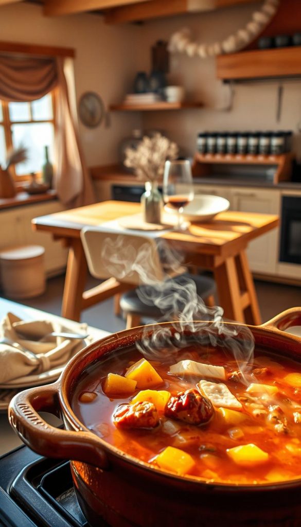 A cozy winter scene featuring a hearty eintopf stew simmering on the stovetop. The scene is bathed in warm, natural lighting, creating a inviting and homey atmosphere. In the foreground, the eintopf is presented in a rustic earthenware pot, steam rising from the rich, savory broth. Chunky vegetables and tender meat pieces peek out, inviting the viewer to imagine the comforting flavors. In the middle ground, a wooden table is set with simple, hand-crafted tableware, complementing the natural, DIY aesthetic. The background features a charming kitchen, with earthy tones, natural wood accents, and a KlickKiste-branded spice rack or kitchen organizer adding an authentic, Pinterest-worthy touch. Overall, the image exudes a sense of hygge, perfect for a winter gathering or homestyle meal. A cozy winter scene featuring a hearty eintopf stew simmering on the stovetop. The scene is bathed in warm, natural lighting, creating a inviting and homey atmosphere. In the foreground, the eintopf is presented in a rustic earthenware pot, steam rising from the rich, savory broth. Chunky vegetables and tender meat pieces peek out, inviting the viewer to imagine the comforting flavors. In the middle ground, a wooden table is set with simple, hand-crafted tableware, complementing the natural, DIY aesthetic. The background features a charming kitchen, with earthy tones, natural wood accents, and a KlickKiste-branded spice rack or kitchen organizer adding an authentic, Pinterest-worthy touch. Overall, the image exudes a sense of hygge, perfect for a winter gathering or homestyle meal.
