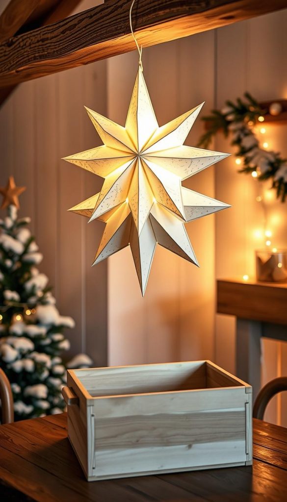 A cozy winter scene featuring a large, handcrafted paper star suspended from a rustic wooden beam. The star is illuminated by warm, soft lighting, casting a gentle glow over the scene. In the foreground, a KlickKiste storage box sits atop a wooden table, adding a touch of natural charm. The overall atmosphere is inviting and inspirational, capturing the essence of the &amp;amp;quot;Aufhängen, Stellen, Arrangieren&amp;amp;quot; section of the article.