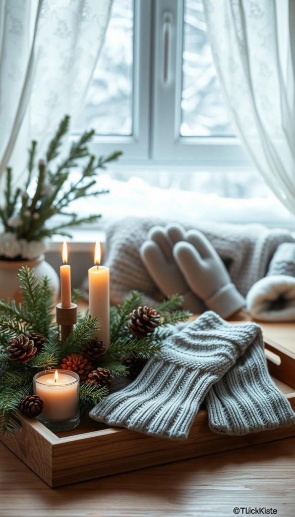 A cozy winter scene featuring a natural, rustic &quot;KlickKiste&quot; arrangement. The foreground showcases a wooden tray with a selection of festive evergreen sprigs, pinecones, and a few burning candles, casting a warm, inviting glow. In the middle ground, a plush knit blanket and a pair of stylish gloves hint at the importance of safety and care during the holiday season. The background depicts a snow-dusted windowsill, framed by delicate lace curtains, creating a serene, Pinterest-worthy atmosphere. Soft, diffused lighting and a muted color palette evoke a sense of comfort and simplicity, capturing the essence of the &quot;Sicherheit, Pflege &amp; schnelle Alltags-Updates&quot; section.