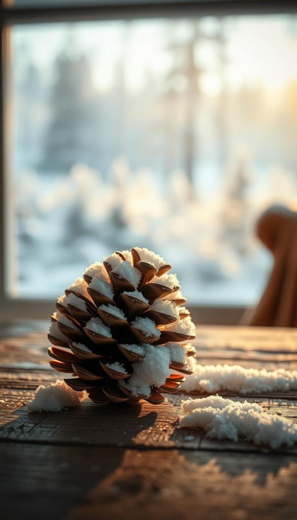 A cozy winter scene featuring a pine cone covered in a soft, powdery layer of fresh snow, resting atop a weathered wooden surface. The cone is illuminated by a warm, golden light, casting gentle shadows and highlights that create a sense of depth and texture. In the background, a blurred, hazy forest landscape can be seen through a window, adding to the peaceful, serene atmosphere. The image exudes a natural, rustic charm, inviting the viewer to imagine bringing a touch of the outdoors into a cozy, inviting living space.