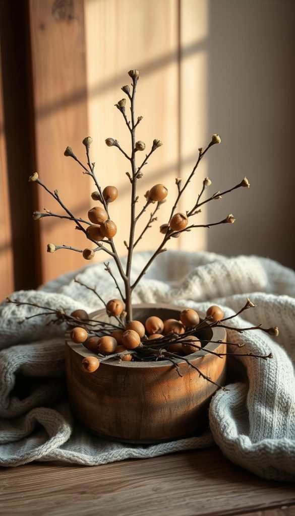A cozy winter scene featuring a rustic Hazelnut branch nestled in a wooden Christmas tree stand, capturing the warmth and charm of the season. Soft, natural lighting creates a gentle glow, casting a comforting ambiance. The branch is adorned with delicate catkins, adding a touch of organic elegance. Textured wooden surfaces and muted, earthy tones contribute to the authentic, handcrafted aesthetic. An inviting, Pinterest-worthy composition that evokes a sense of hygge and inspiration for a serene, nature-inspired winter decor.