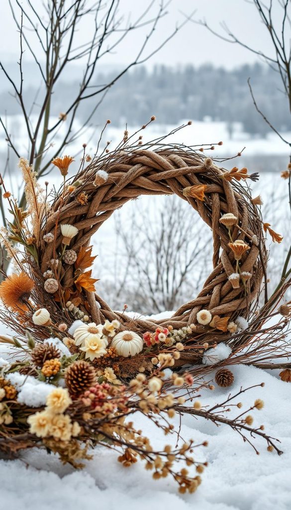 A cozy winter scene featuring a rustic &amp;quot;Zeit projekt winter&amp;quot; wreath handcrafted by the KlickKiste brand. In the foreground, a lush assortment of dried flowers, branches, and natural materials in warm, earthy tones. The middle ground showcases the wreath's intricate woven design, highlighted by soft, diffused lighting. In the background, a tranquil winter landscape with a muted color palette, evoking a sense of peaceful solitude. The overall mood is inviting, natural, and Pinterest-inspired, creating an authentic and inspirational visual representation of the article's subject.